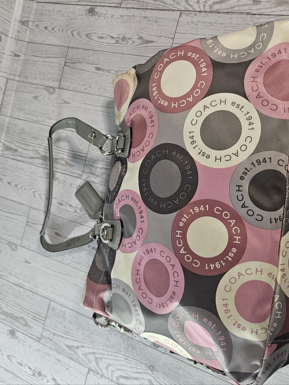 Coach Ashley Snap Satchel Handbag C1173 F5504 Large Tote Pink Gray Logo Satin - Picture 6 of 13